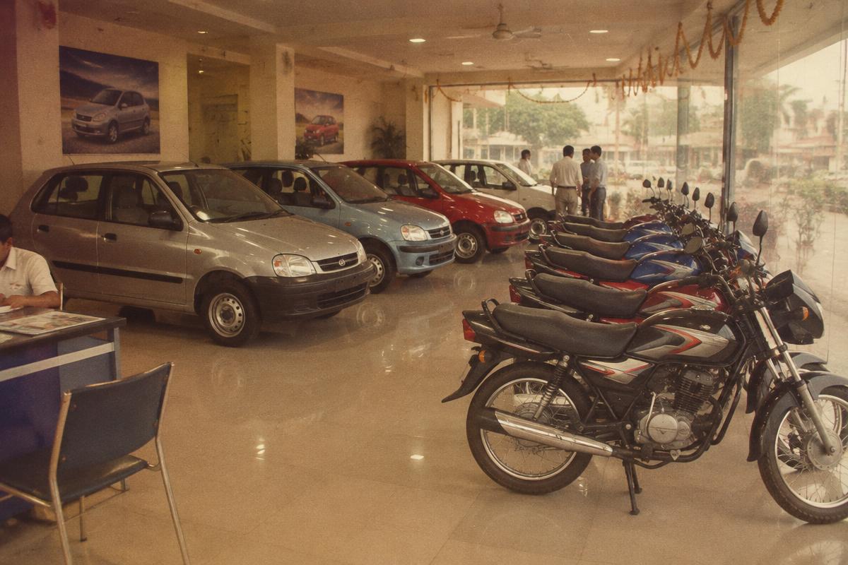 Commuter motorcycles lined up in a 2010-era Indian showroom
